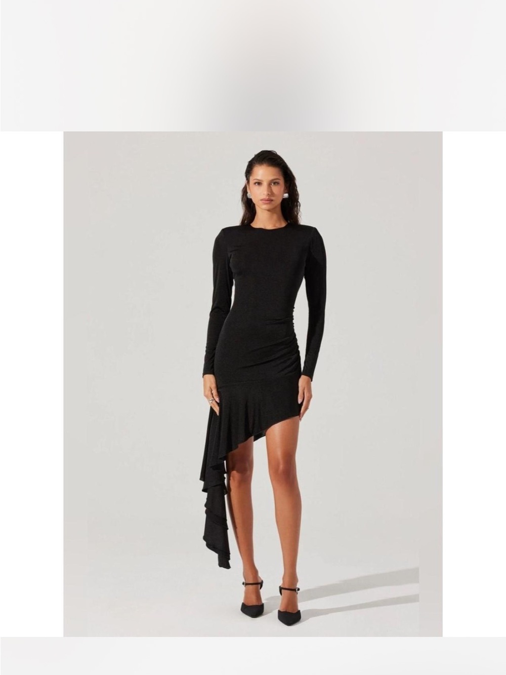 ASTR Black Asymmetric Long-Sleeve Ruched Dress